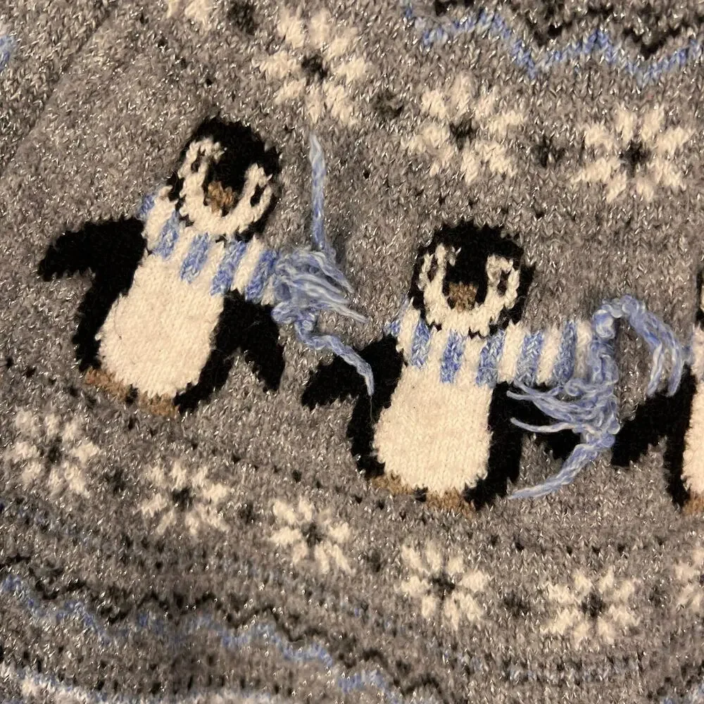 Holiday Time Penguin Fair Isle Sweater XL 16-18 Blue Gray Metallic Winter EUC
